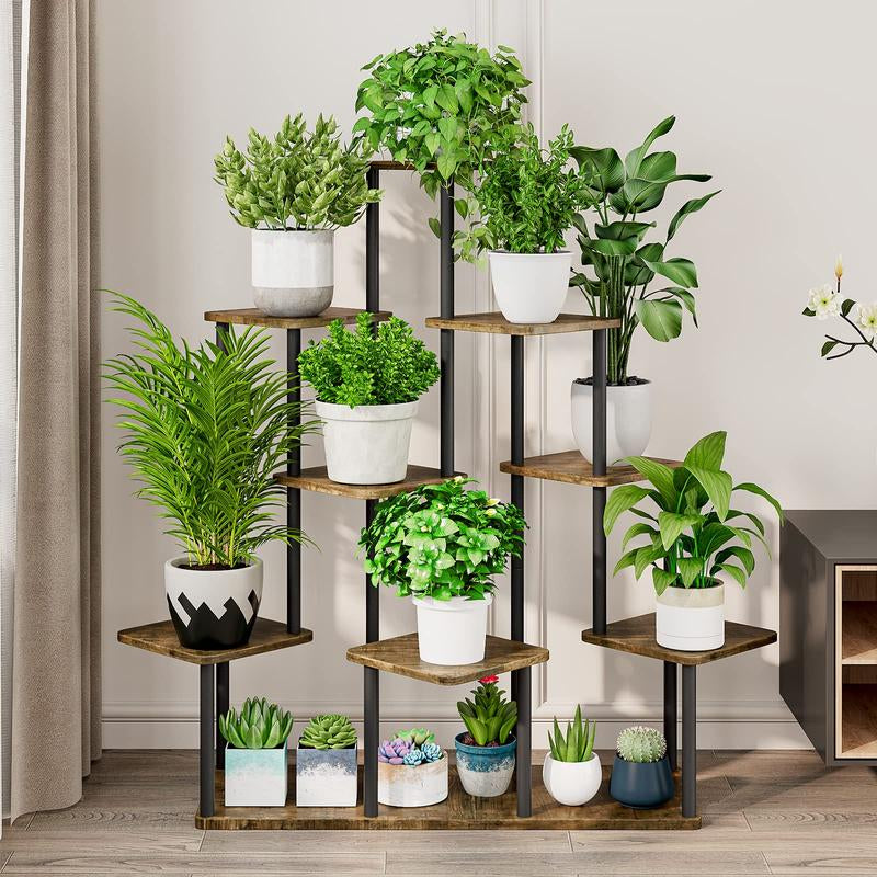 Plant Stand 9 Tier Indoor Metal Flower Shelf for Multiple Plants Corner Tall Flower Holders for Patio Garden Living Room Balcony Bedroom, Black Oak Deals for You Days