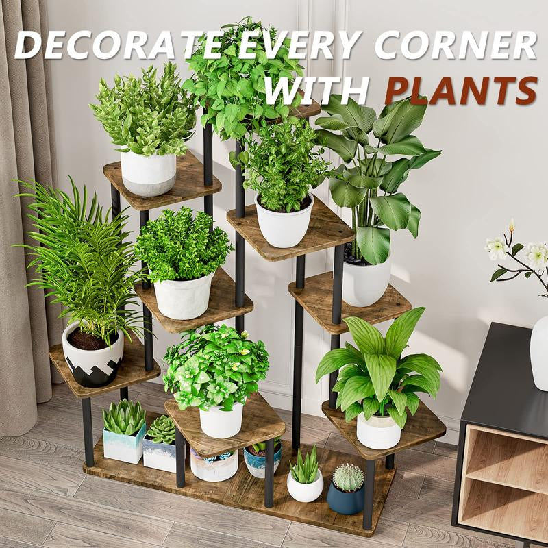 Plant Stand 9 Tier Indoor Metal Flower Shelf for Multiple Plants Corner Tall Flower Holders for Patio Garden Living Room Balcony Bedroom, Black Oak Deals for You Days