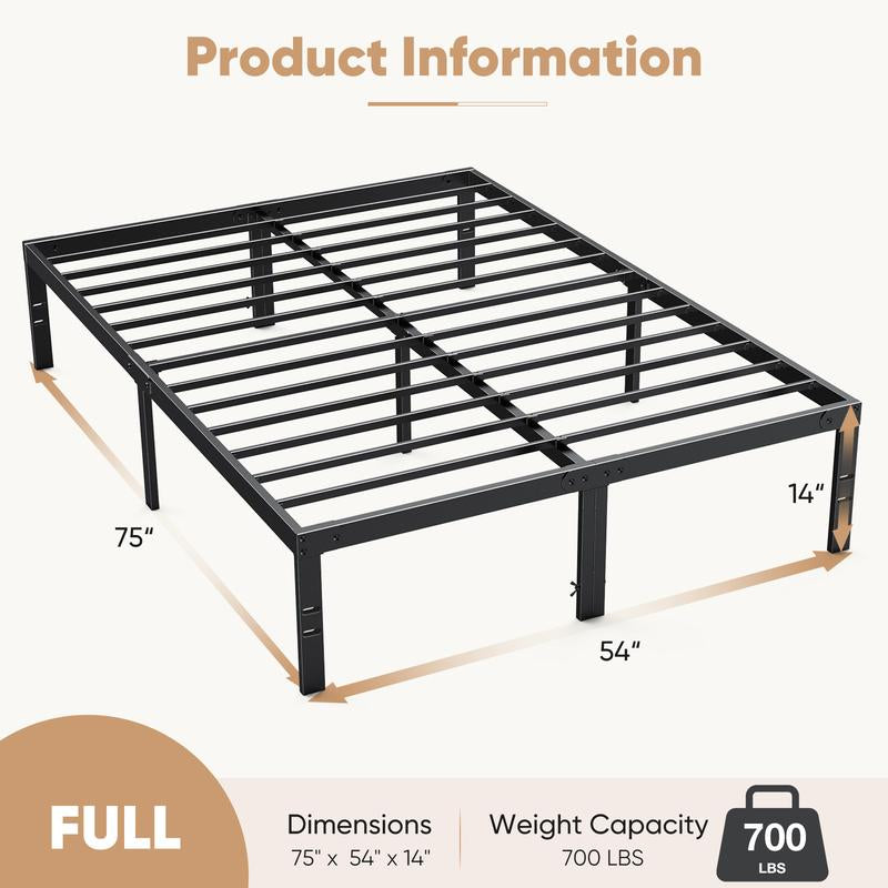 Black Full Size Metal Platform Bed Frame with Steel Slat Support, No Box Spring Needed, Easy Assembly, Modern Furniture