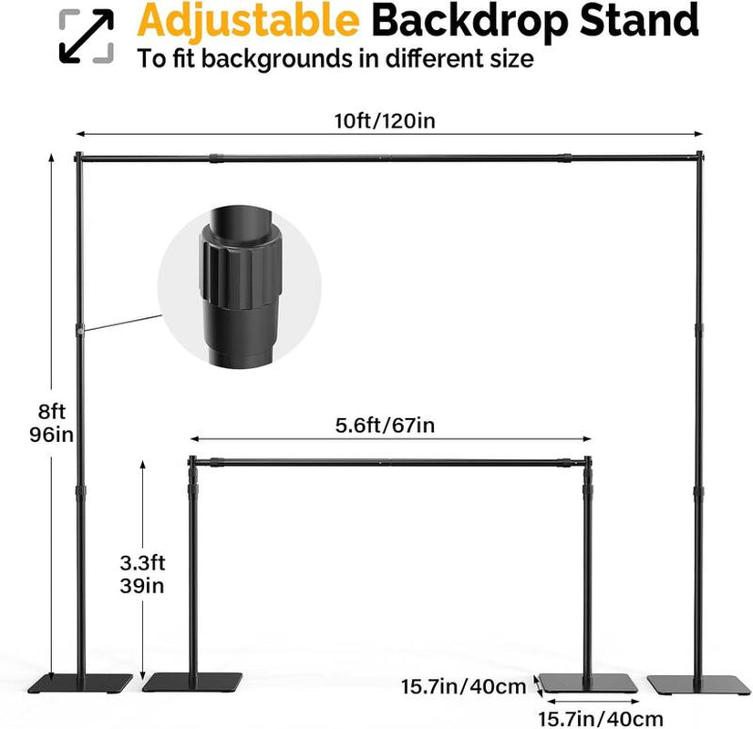 Backdrop Stand, 8X10 Ft Adjustable Photo Backdrop Stand Kit, Heavy Duty Backdrop Stand with Steel Base for Photography, Photo Video Studio, Birthday Parties, Wedding