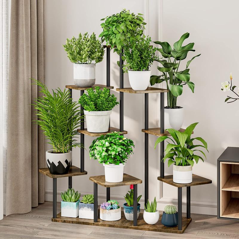Plant Stand 9 Tier Indoor Metal Flower Shelf for Multiple Plants Corner Tall Flower Holders for Patio Garden Living Room Balcony Bedroom, Black Oak Deals for You Days