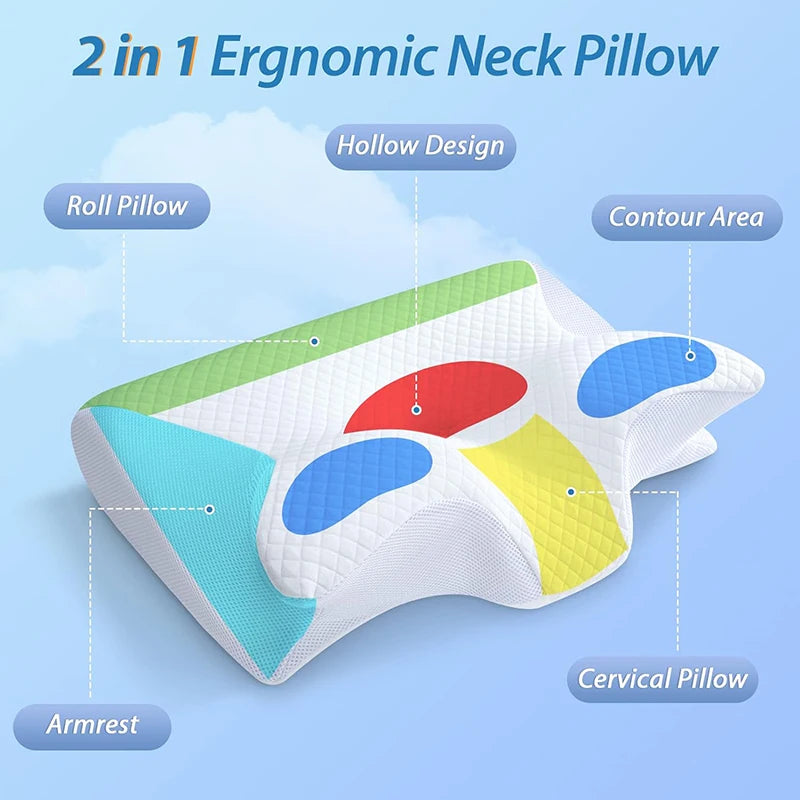 Memory Foam Cervical Pillow - 2-in-1 Ergonomic Contour Orthopedic Support for Neck Pain Relief